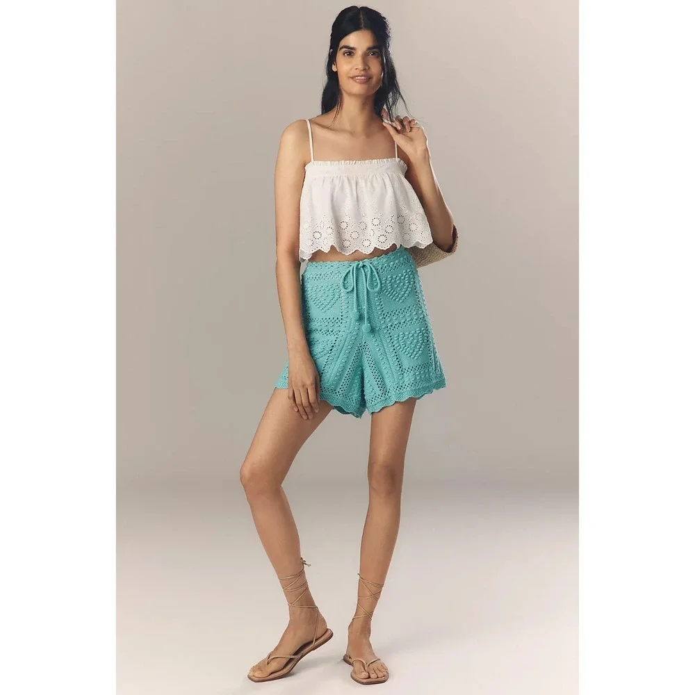 NWT Farm Rio Antropologie Crochet Tie Shorts beach vacation XS mint